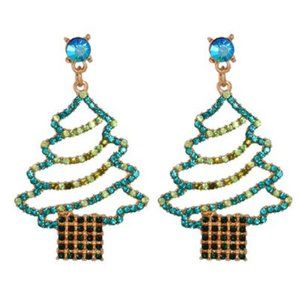 Green Crystal Christmas Tree Long Earrings